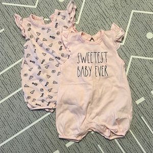 RAE DUNN ARTISAN PINK BABY ROMPER, SWEETEST BABY EVER, SET OF 2, SIZE 0-3M